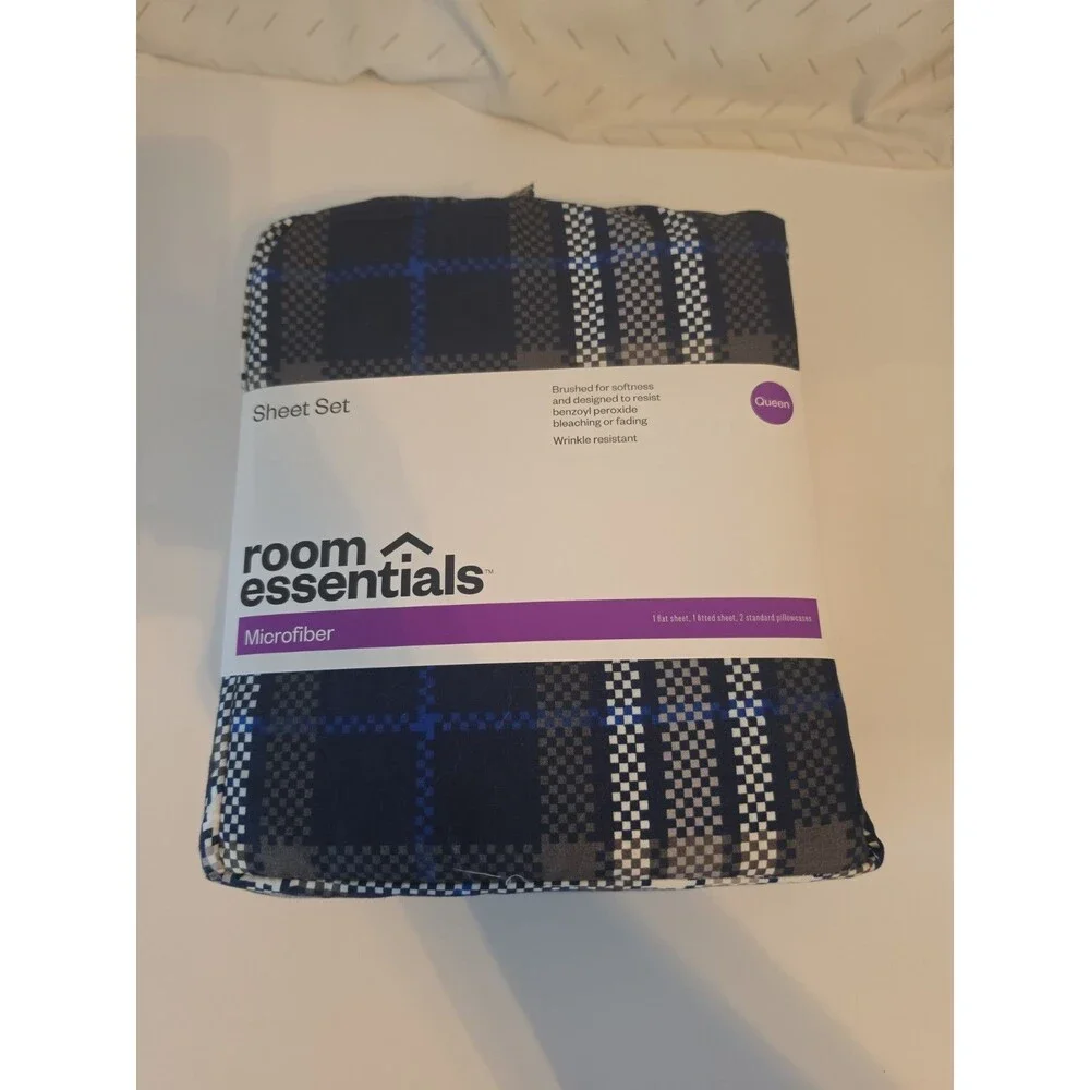 Room Essentials Sheet Set Queen Blue Plaid Microfiber